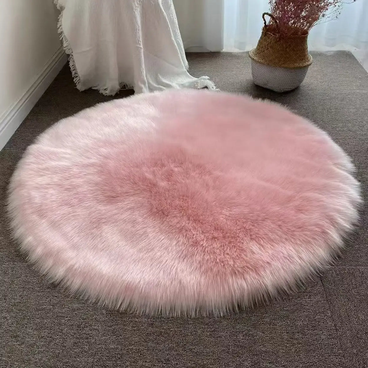 Tapis rond en fausse fourrure - rose - 90 × 90 cm