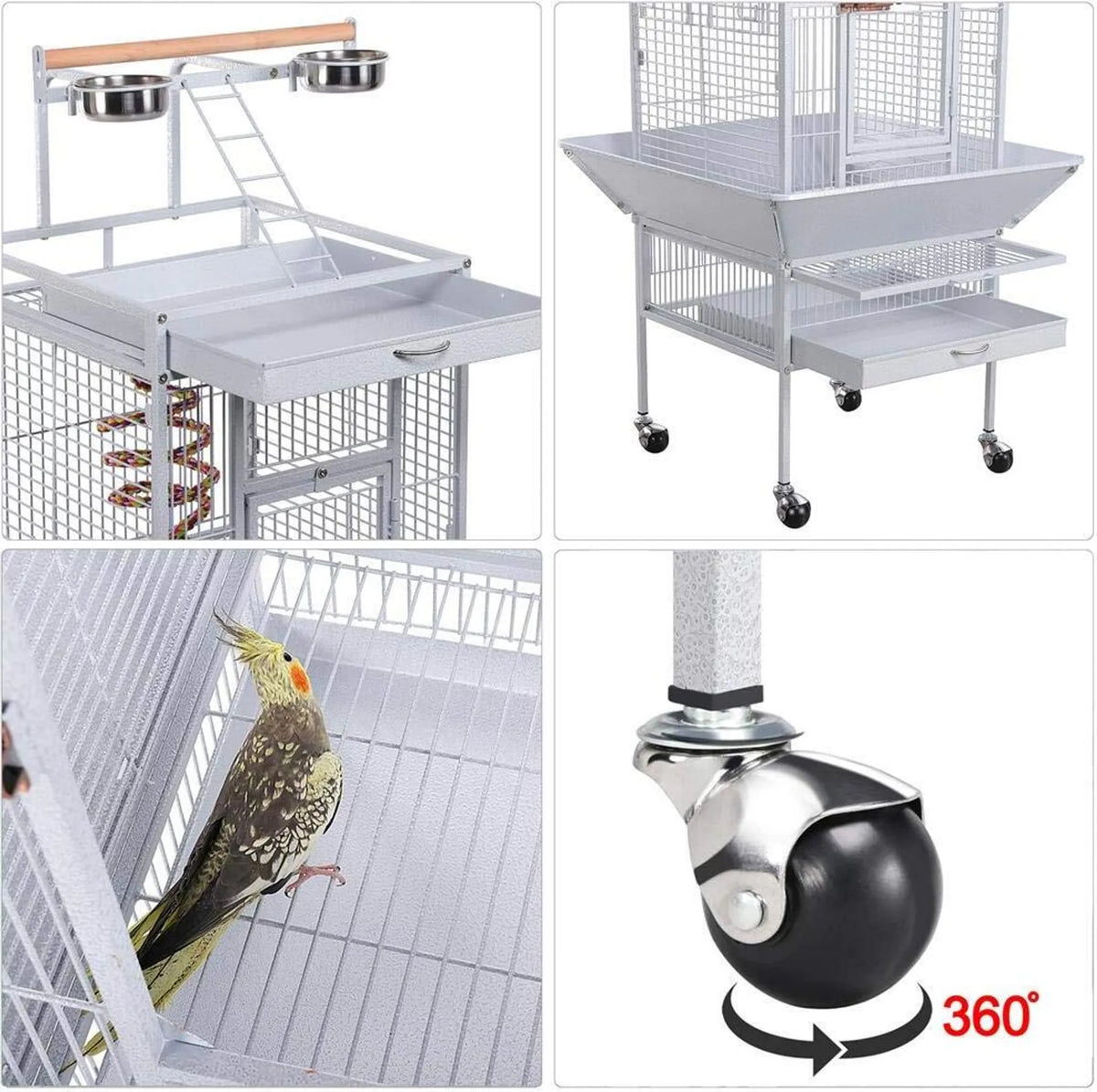 Yaheetech Cage pour perroquets avec plateau de jeu - équipée d'un collecteur de graines, de tiroirs à fumier extensibles et de portes d'alimentation - pour perruches et perroquets - fer blanc recouvert de poudre - 65,5 x 65,5 x 156 cm