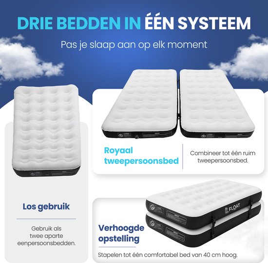 FLOAT Gemina - Lit gonflable 3en1 avec pompe électrique - 190x99x20 cm - Matelas gonflable ferme - Léger pour le camping - Deux matelas gonflables pour 1 personne