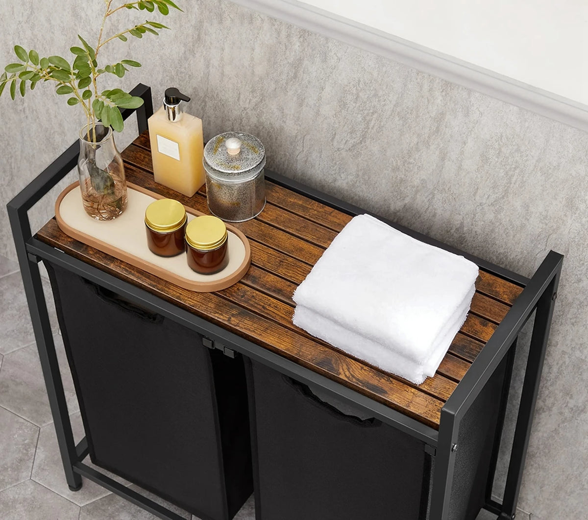 Panier à linge JOYFURNOS à 2 compartiments - 2 x 46 litres - 73 x 33 x 72 cm - Marron-noir vintage