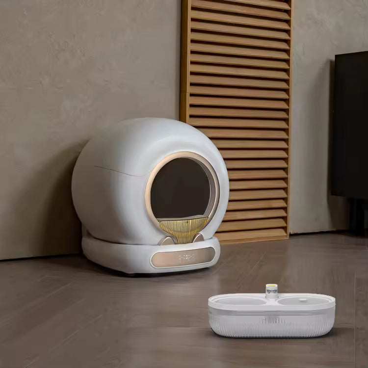 LeLo pets MSP-05 : bac à litière autonettoyant de 65 L avec fontaine à eau - blanc