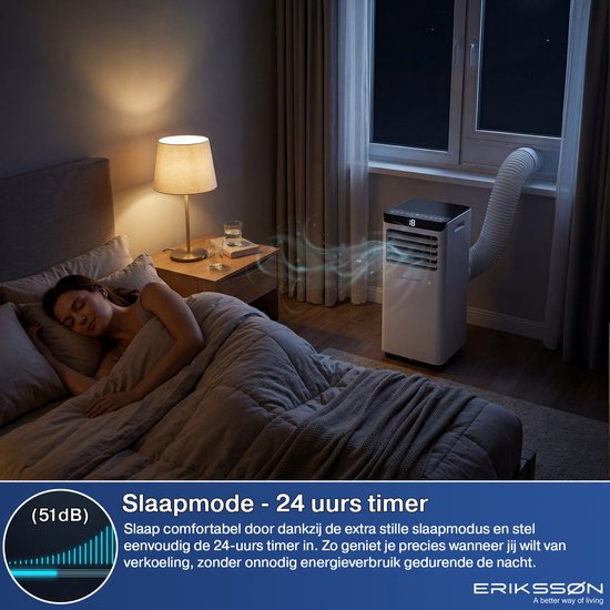Climatiseur mobile Eriksson - 10 000 BTU - Kit d'étanchéité pour fenêtre inclus - Jusqu'à 30 m² - 4-en-1 - Climatisation - Ventilateur - Déshumidificateur - Blanc