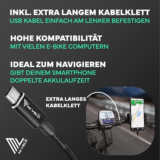 Câble de recharge pour vélo électrique Mivelo compatible avec Bosch Intuvia, Kiox et Nyon (ancienne génération) - Micro-USB vers USB-C