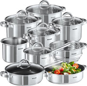 tectake® Set de casseroles - acier inoxydable - Convient à la cuisson par induction, au gaz et à l'électricité - 15 pièces - Lavable au lave-vaisselle - Pour la maison ou le camping - Poêles avec couvercles