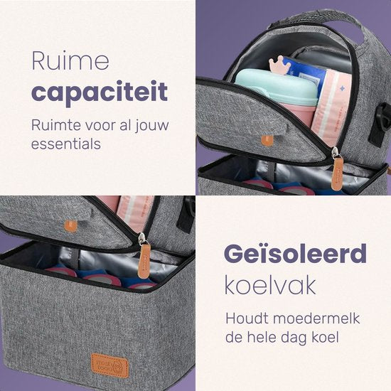 Qwali Cooling Bag Breast Milk - Incluant 2 éléments de refroidissement - Shoulder & Backpack - Storage Bottles - Breastfeeding - Baby - Cooling Backpack - Breast Pump - Grey