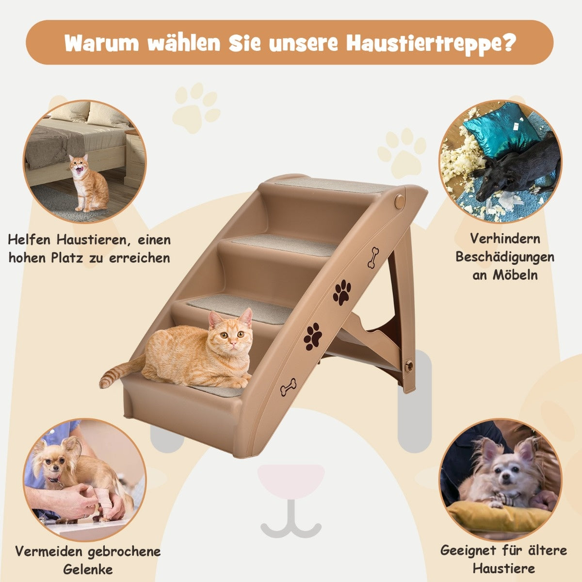 Coast Pet stairs with 4 steps portable climbing ladder safe hundred slope 62.5 x 38 x 49 cm brown