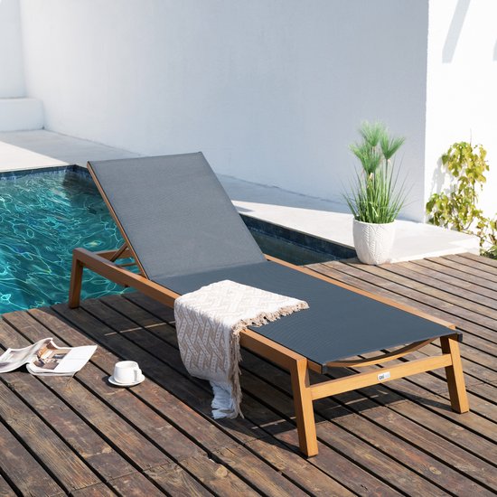 Chaise longue AXI Logan aspect bois/anthracite – Structure en aluminium thermolaqué – Dossier à 5 positions – Assise en Textileen – 193 x 70 cm