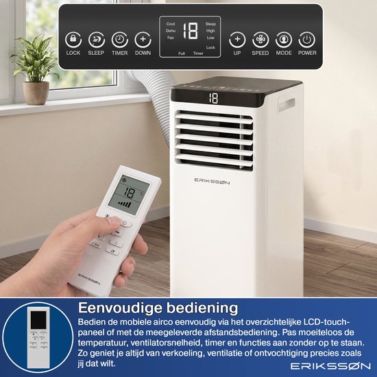 Climatiseur mobile Eriksson - 10 000 BTU - Kit d'étanchéité pour fenêtre inclus - Jusqu'à 30 m² - 4-en-1 - Climatisation - Ventilateur - Déshumidificateur - Blanc