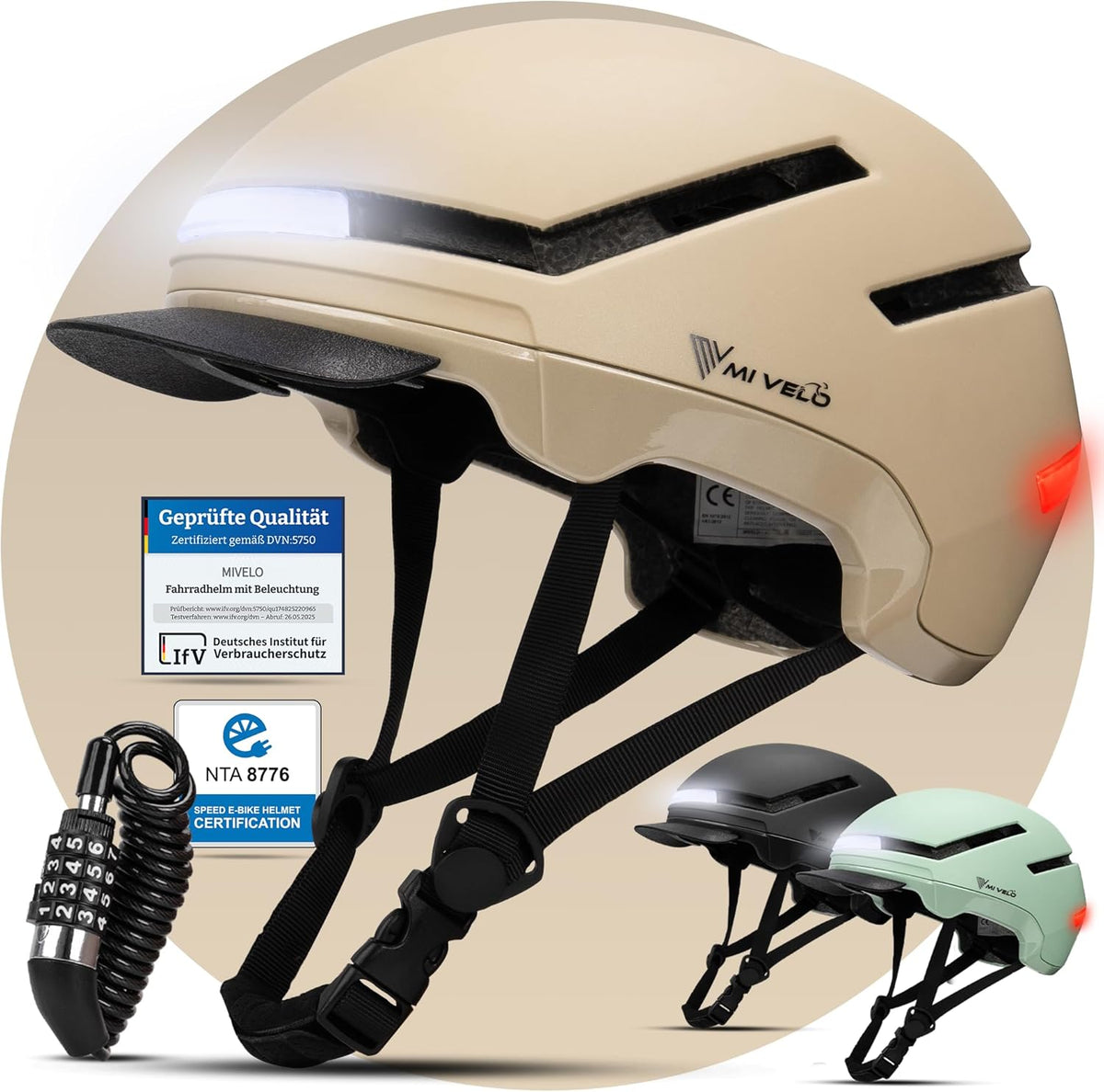 Mivelo Casque de vélo unisexe NOVA - Avec lumière - Certifié NTA jusqu'à 45km/h - Beige - Taille L (57-61 cm)