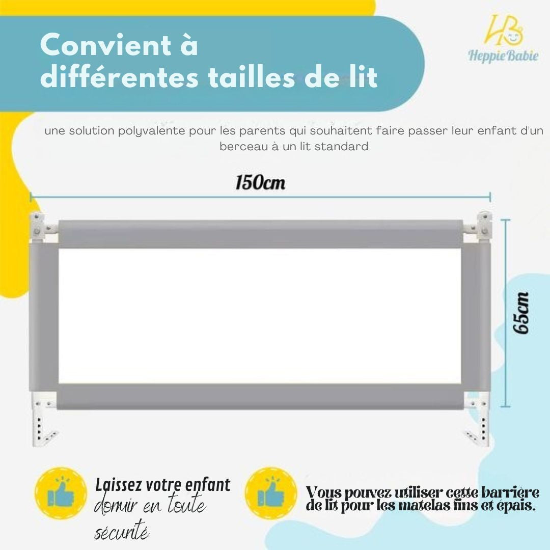 Barrière de lit - HeppieBabie  - universelle - extra longue 150 CM - réglable - grise avec filet de sécurité