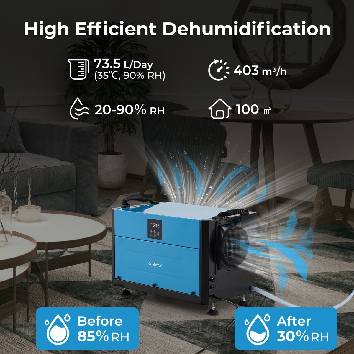 Déshumidificateur professionnel Coast - 73,5 L par jour - 3 réglages - Bleu/Blanc