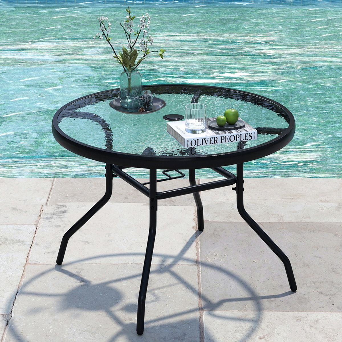 Table d'appoint ronde Coast pour l'extérieur - Plateau en verre trempé - Trou pour parasol de 4,2 cm - Noir 70 x 70 x 45,5 cm