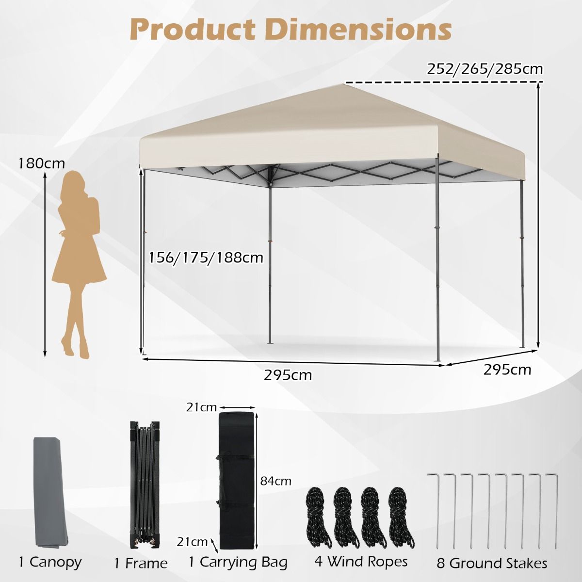 Pavillon pop-up Coast - réglable en hauteur - avec sac de transport - beige - 295 x 295 cm