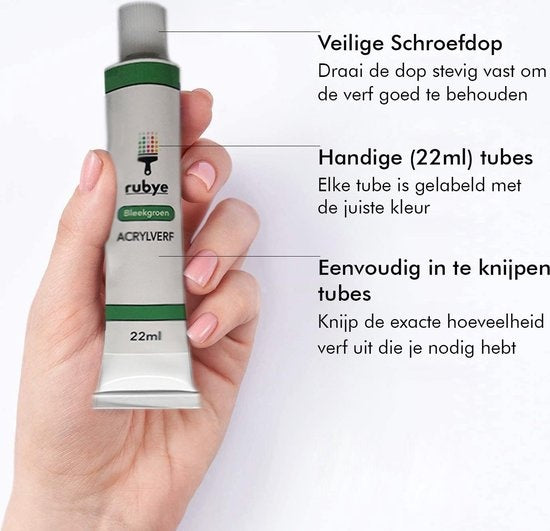 Rubye® Acrylic Painting - Peinture - Pinceaux - Hobby and Creative - Painting by Number - 22ML Tubes - 6 Couleurs