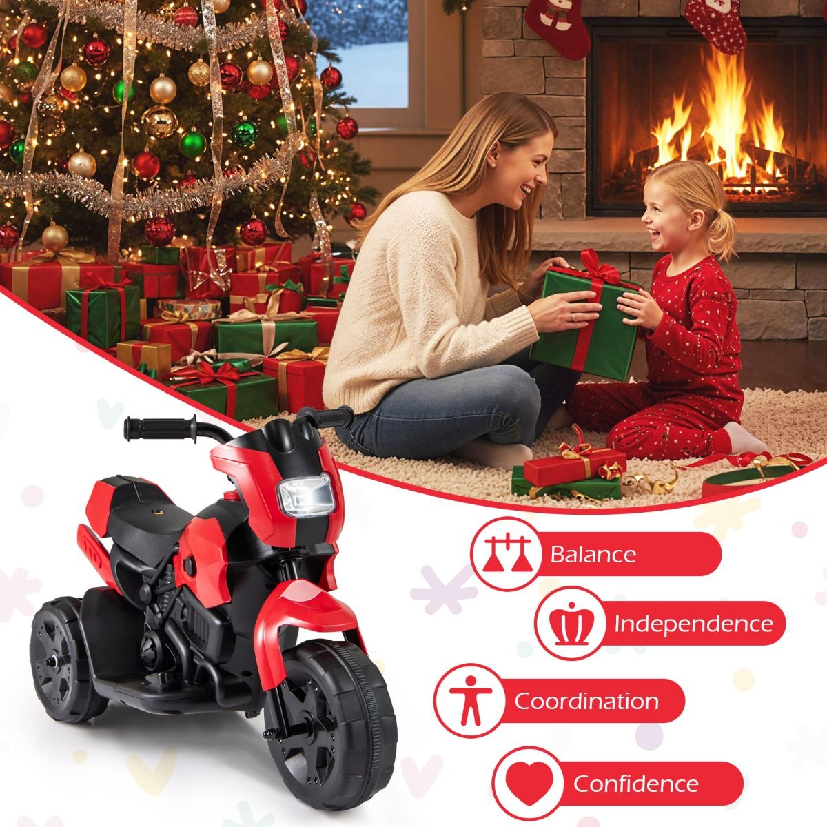 Vélo électrique pour enfants Coast - modèle à trois roues - avec phare à LED - rouge