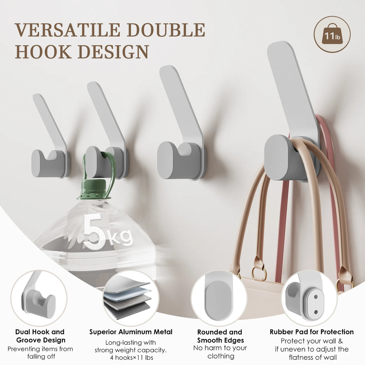 Crochets muraux doubles Kapanou - Lot de 8 - Aluminium - Jusqu'à 5 kg par crochet - Design moderne - Gris