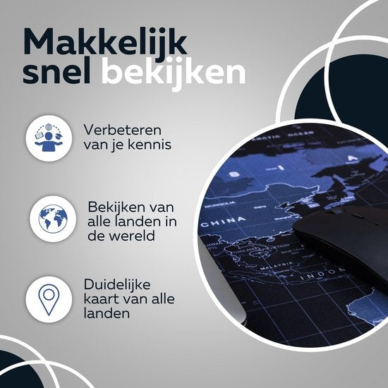 WURK Tapis de bureau professionnel - Carte du monde - Organiseur de bureau - Accessoires de bureau - Tapis de souris XXL - Antidérapant - Comprend un clip pour câble - 90x40