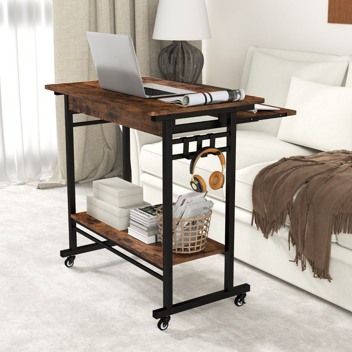 Table d'ordinateur Coast sur roulettes - avec tablette pour clavier et étagère de rangement - marron vintage - 80 x 50 x 78 cm