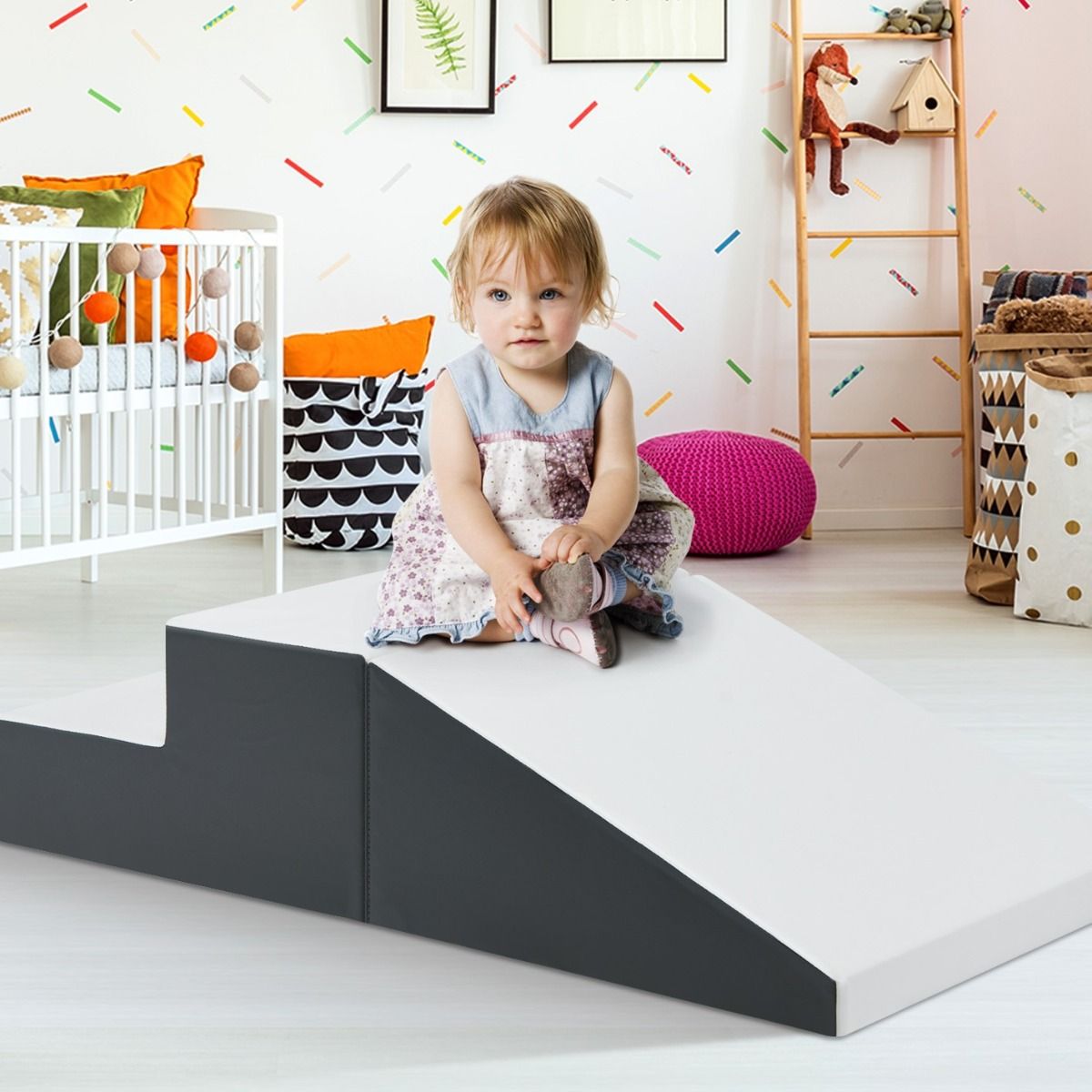 Ensemble d'escalade en mousse Coast pour tout-petits - 2 pièces - Escalier et rampe souples - Blanc et gris