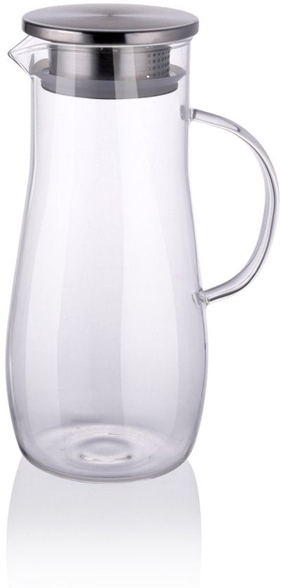 Pichet en verre Alpina 1,4 L - Pichet avec couvercle et filtre en acier inoxydable - Carafe en verre borosilicaté - Pichet transparent pour boissons froides et chaudes