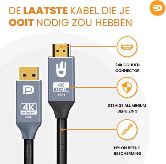 Drivv. Câble Premium Displayport vers HDMI - 4K 60hz - Nylon - 2 mètres - Gris