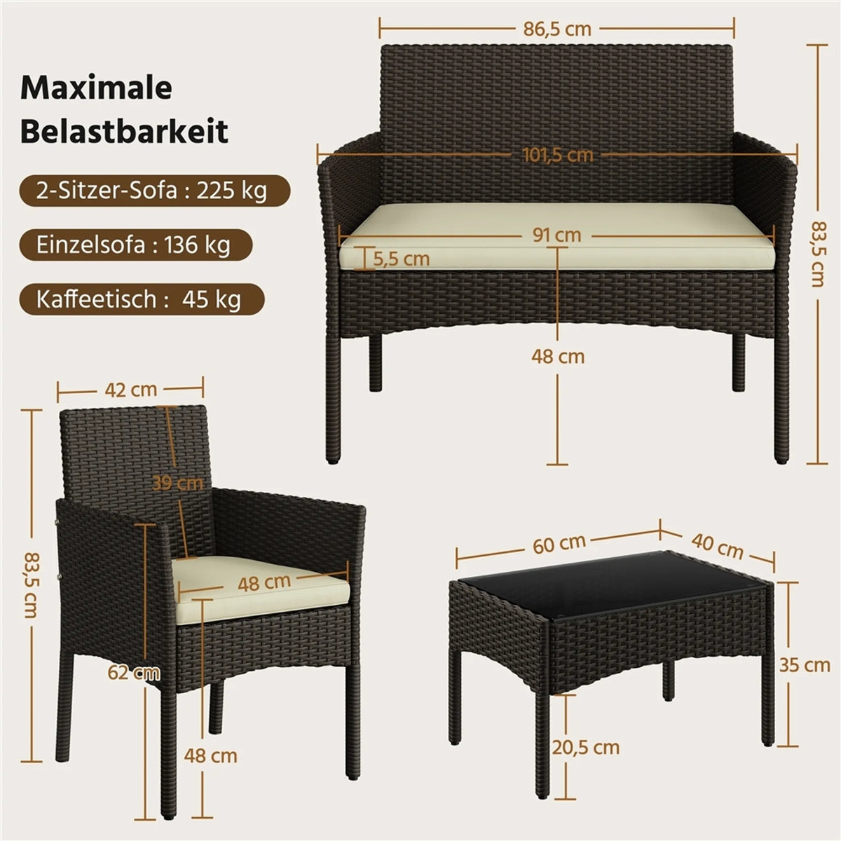 Ensemble de salon en polyrotin Yaheetech, 4 pièces - Canapé 2 places et 2 fauteuils avec table en verre - 100 x 59,5 cm - Marron avec coussins beiges
