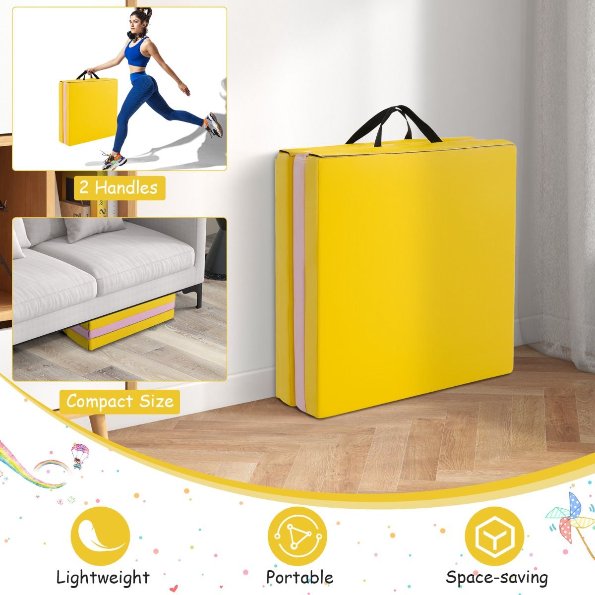 Tapis de gymnastique Coast - 3 couches - pliable - antidérapant - 180 x 60 x 5 cm - jaune et rose