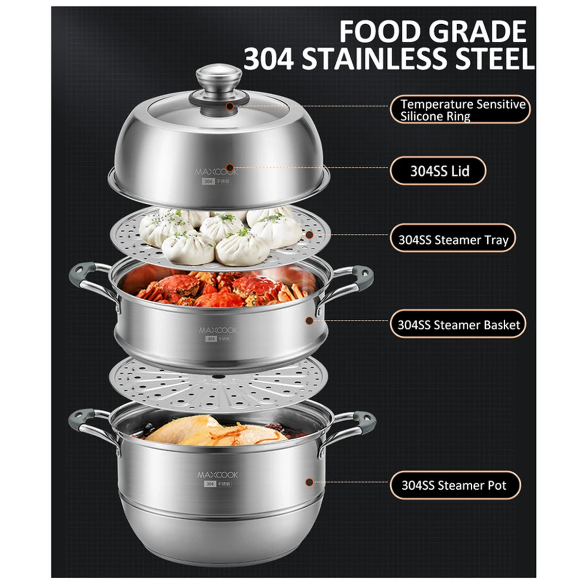 Casserole à vapeur Maxcook à 3 couches, 28 cm - acier inoxydable 304 - compatible induction et gaz