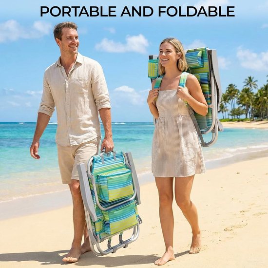 Lot de 2 chaises de plage de luxe - Réglables (5 positions) - Pliables avec sangles de sac à dos, sac isotherme et porte-serviettes - Rayures vertes et bleues
