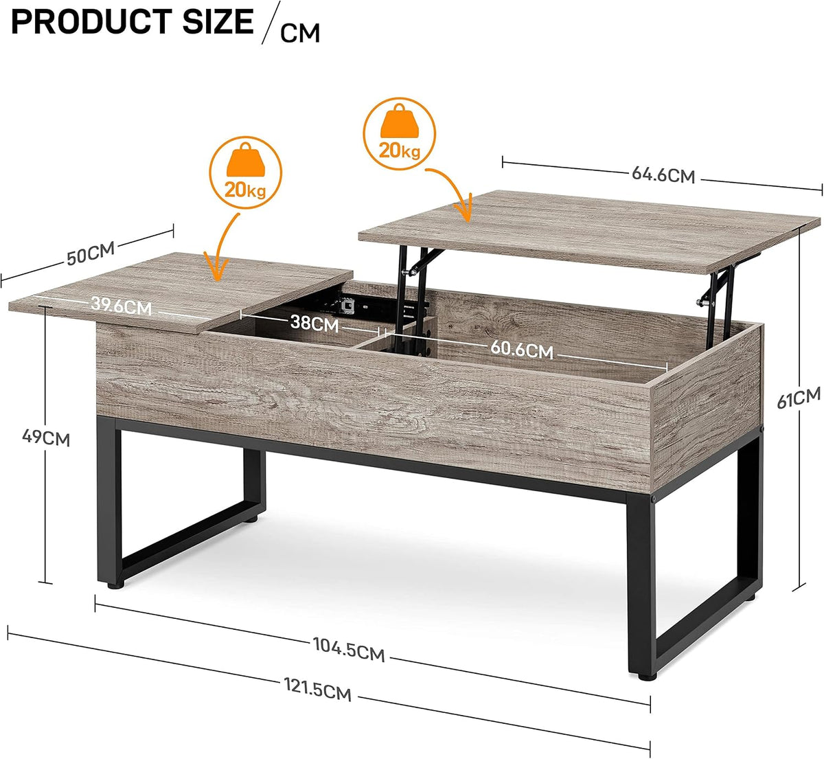 Table basse Yaheetech à plateau relevable avec espace de rangement dissimulé - 105 x 50 x 61 cm - Gris
