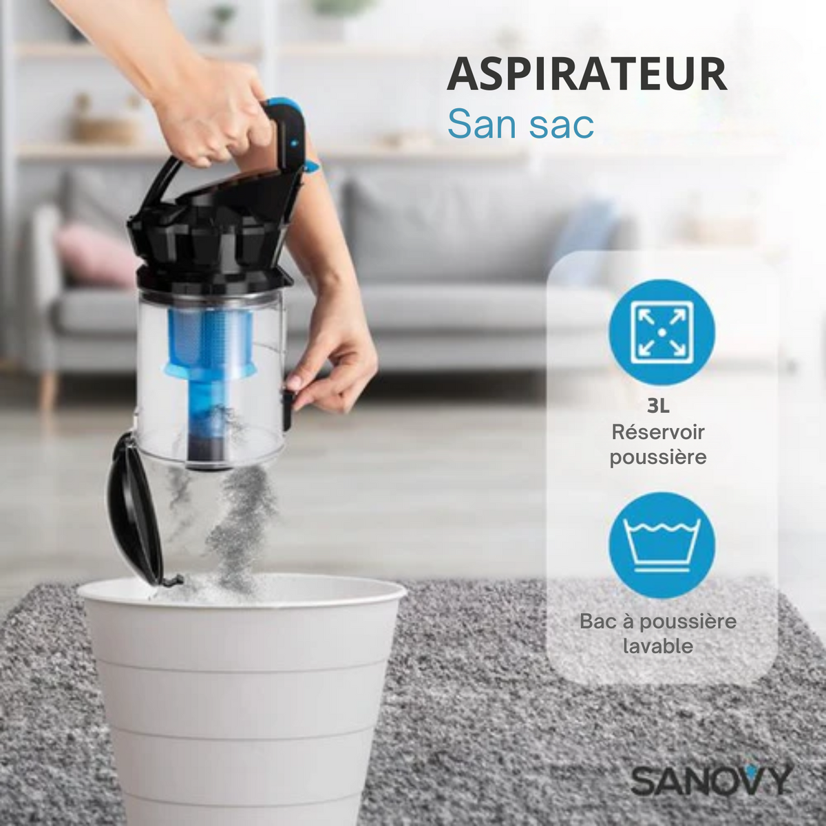Aspirateur puissant sans sac - Sanovy ProPower - 3L - Compact - Bleu