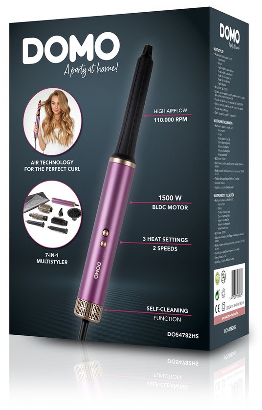 DOMO DO54782HS Airstyler 7-en-1 - Brosse soufflante - Multistyler - Brosse à boucler - Brosse lissante - Sèche-cheveux avec 7 embouts - Violet/Or