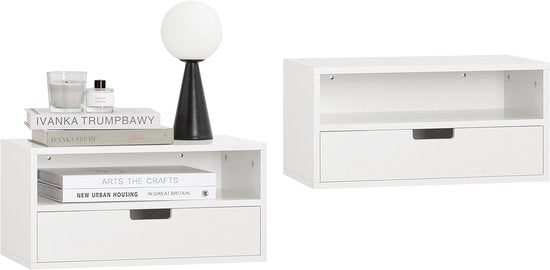 SoBuy Set de 2 tables de nuit flottantes - Table d'appoint suspendue - Meuble haut - Etagère murale avec 1 tiroir - Blanc, 45x25x22 cm, NKD03-Wx2