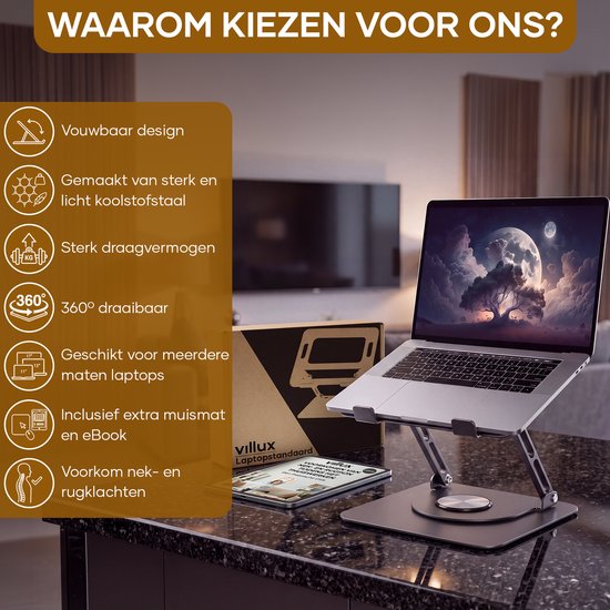 Support pour ordinateur portable Villux ergonomique - Support pour ordinateur portable réglable - Support pour ordinateur portable - Rehausseur pour ordinateur portable - Support pour ordinateur portable pliable - E-book inclus - Tapis de souris inclus