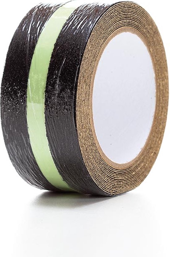 Perel Bande antidérapante avec bande phosphorescente 5 m x 5 cm, pour l'intérieur et l'extérieur, noir/vert