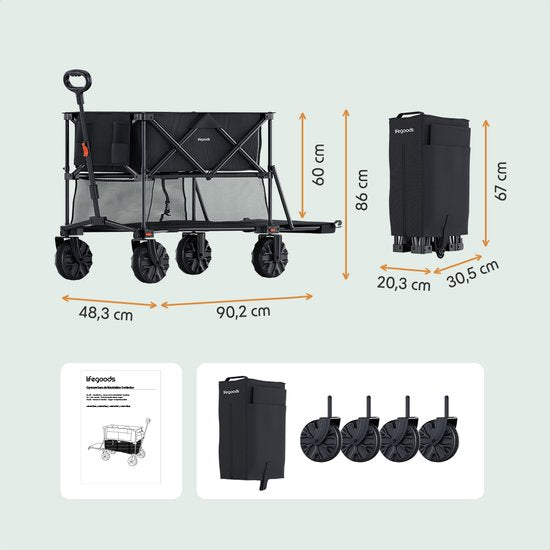 Double Wagon pliable LifeGoods - 200KG - 400L - Avec housse de protection - Noir