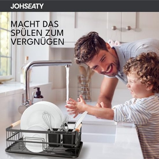 JOHSEATY porte-vaisselle avec poignée en bois - 42 x 32 cm, inoxydable avec porte-couverts, porte-vaisselle, porte-vaisselle, porte-vaisselle de cuisine, porte-vaisselle