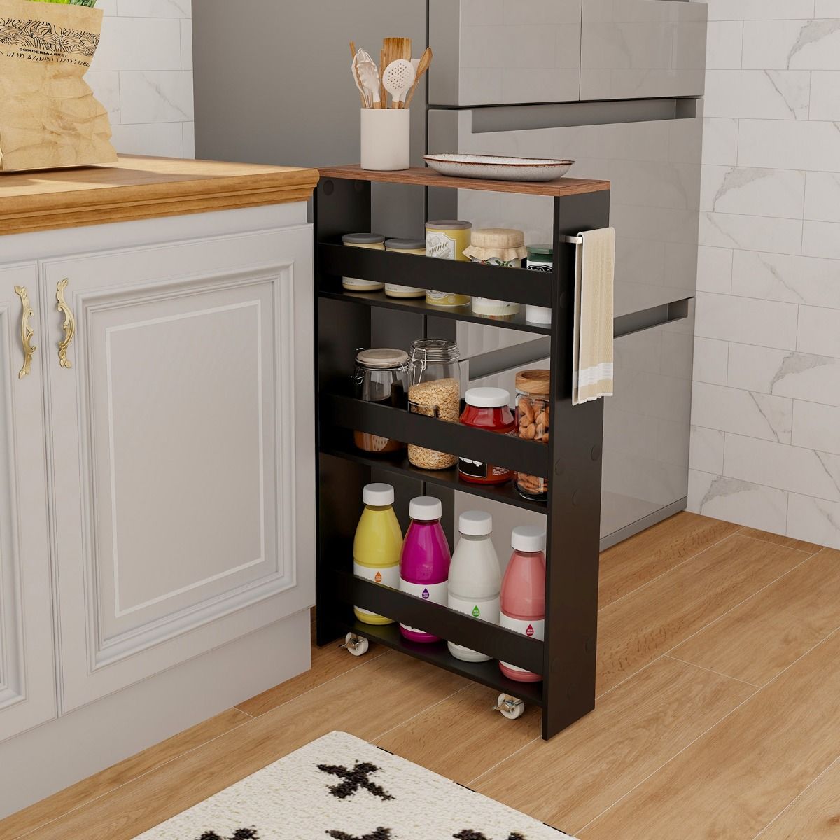 Coast Bathroom Rack On Wheels - 4-Layers - 48 x 13 x 81 cm - Black with Brown