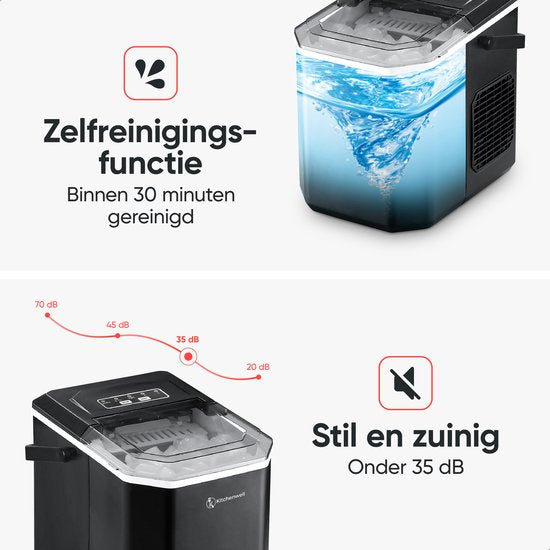 Kitchenwell Machine à glaçons - 1.3L - Machine à glaçons avec cuillère à glace - 12kg/24 heures - Fonction auto-nettoyante - Portable - Noir