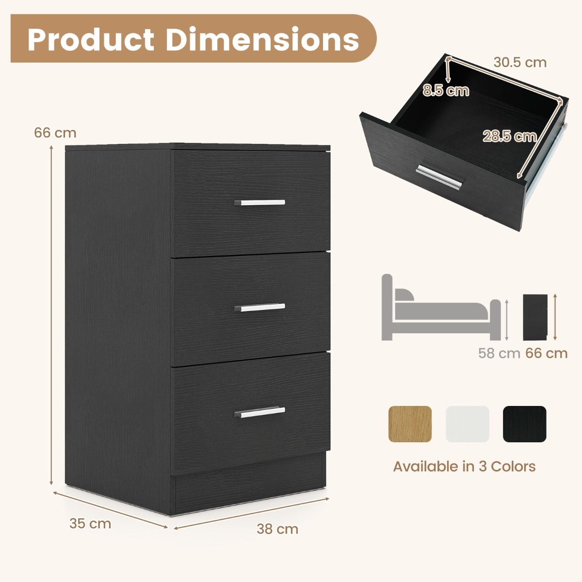 Table de chevet Coast avec station de recharge - 3 tiroirs - Finition bois - Blanc/Noir - 38 x 35 x 66 cm