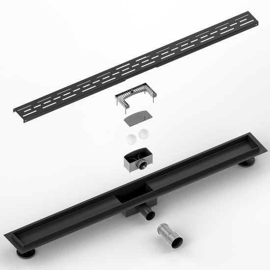 Siphon de douche - 90 cm - Noir mat - Grille standard - Acier inoxydable - Avec bride