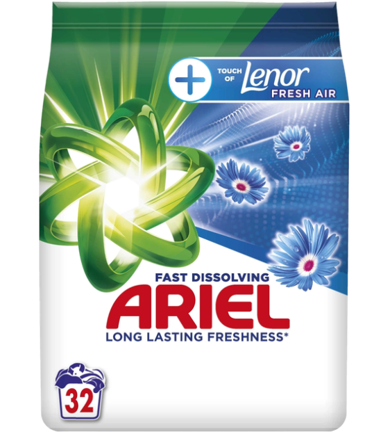Lessive en poudre Ariel Touch ou Lenor Fresh Air - 32 lavages - 1,76 kg