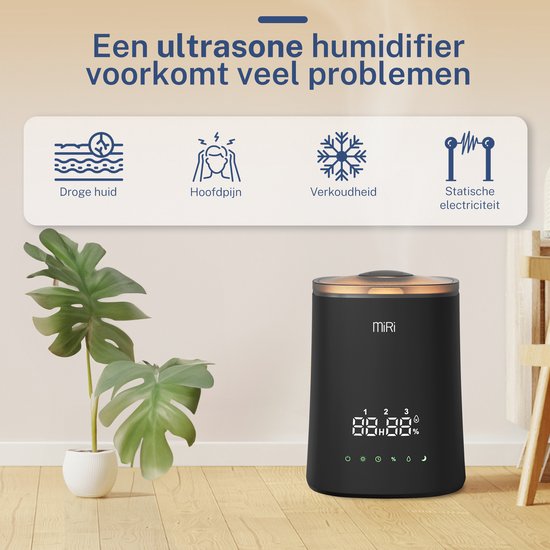 MiRi Nimbus - Humidificateur - Humidificateur - 4.5L - Humidimètre - Ioniseur - 50m² - Ultrason - Télécommande - Commandes tactiles - Aromathérapie