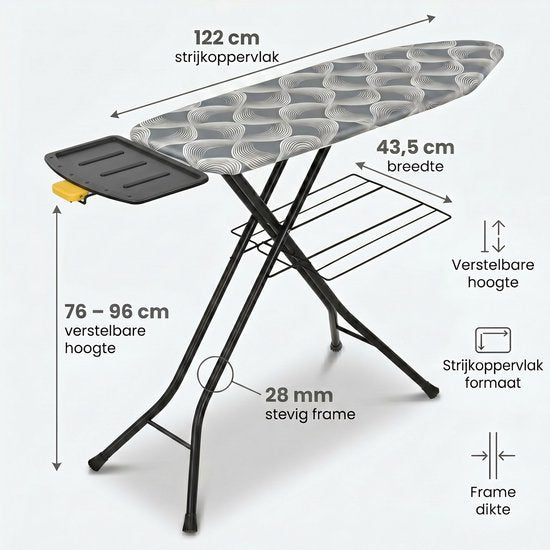 Table à repasser STAUS&BACH X - pour générateur de vapeur - 122 x 43,5 cm - Avec planche à repasser les manches et support pliable - Réglable en hauteur de 76 à 96 cm - Avec support pour générateur de vapeur et fer à repasser à vapeur - Gris foncé - Ironi