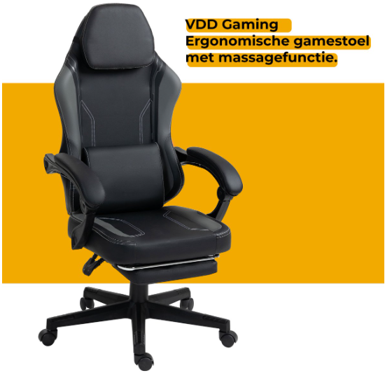 Fauteuil gaming VDD avec fonction massage - Noir/Gris - 70 x 70 x 125 cm - Réglable, repose-pieds, 150 kg