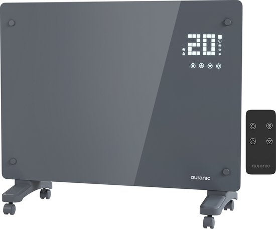 Auronic Radiateur électrique - Radiateur à convection avec thermostat et télécommande - Radiateur à panneau en verre - 1 500 W - Gris