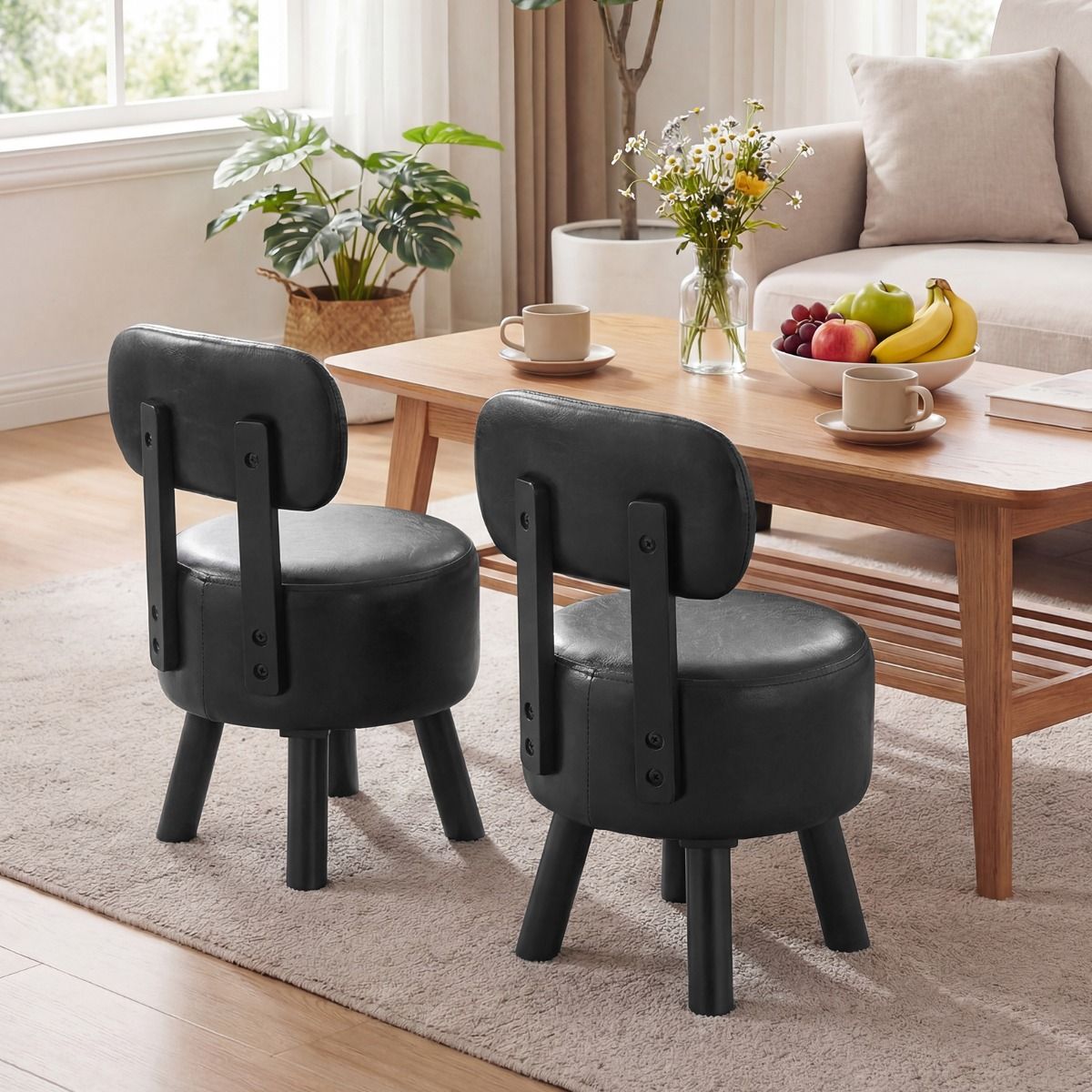 Pouf Coast avec dossier - pouf rembourré - simili cuir - noir - lot de 2