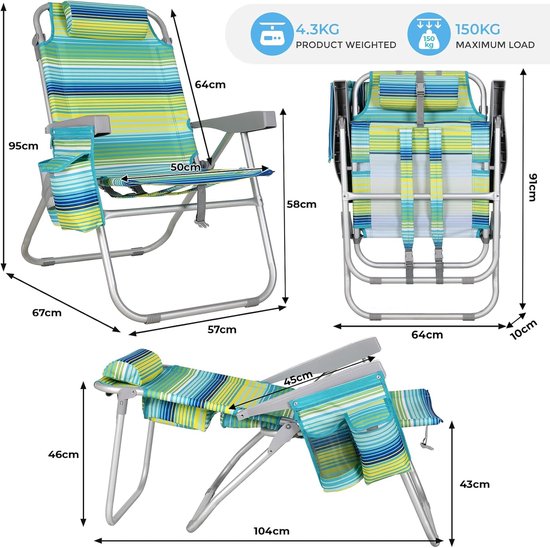 Lot de 2 chaises de plage de luxe - Réglables (5 positions) - Pliables avec sangles de sac à dos, sac isotherme et porte-serviettes - Rayures vertes et bleues