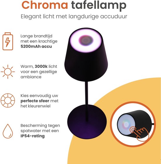 Goliving Chroma Table Lamp Rechargeable - Sans fil et dimmable - Lampe tactile - Lampe de nuit Chambre et salon - RGBW - 37,5 cm - Noir