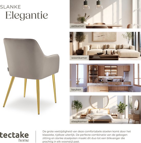 tectake® Chaise de salle à manger Avane - Aspect velours - Chaise rembourrée avec accoudoirs ergonomiques - Pieds fins en acier doré - Capacité 120 kg - Chaise de salle à manger et de cuisine confortable - Lot de 2 - Taupe